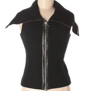 Per Se Solid Sleeveless Black Zip Up Sweater